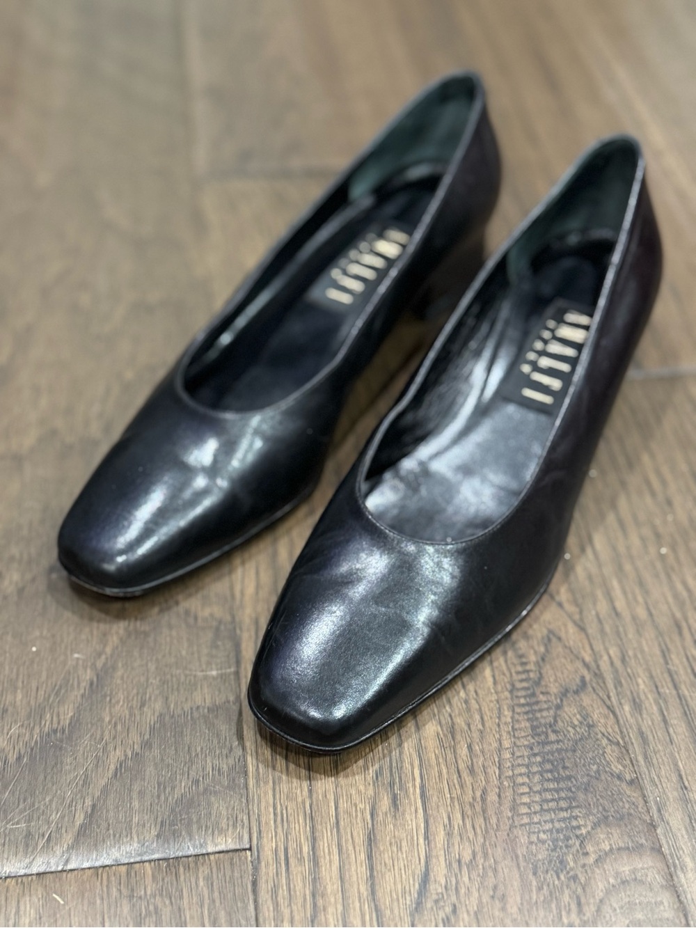 Amalfi Black Leather Square-Toe Low Block Heel Pumps